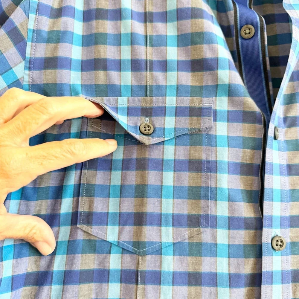 Banana Republic Mens Slim Fit Plaid Button Down Shirt Blue Grey Medium M Long Sl